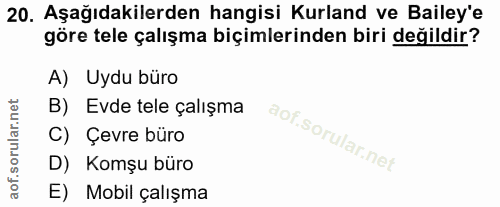 20. soru: Aşağıdakilerden hangisi Kurland ve Baley'e göre tele çalışma biçimlerinden biri değildir? A) Uydu büro B) Evde tele ç…