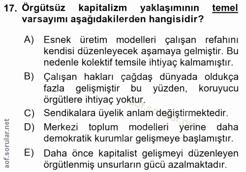 17. soru: Örgütsüz kapitalizm yaklaşımının temel varsayımı aşağıdakilerden hangisidir? A) Esnek üretim modelleri çalışan refahı…
