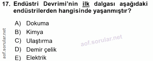 17. soru: Endüstri Devrimi'nin ilk dalgası aşağıdaki endüstrilerden hangisinde yaşanmıştır? A) Dokuma B) Kimya C) Ulaştırma D)…