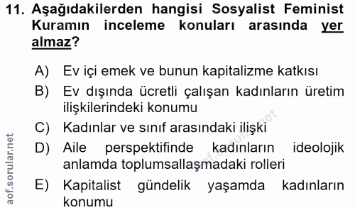 11. soru: Aşağıdakilerden hangisi Sosyalist Feminist Kuramın inceleme konuları arasında yer almaz? A) Ev içi emek ve bunun kapi…