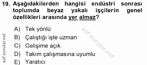 19. soru: Aşağıdakilerden hangisi endüstri sonrası toplumda beyaz yakalı işçilerin genel özellikleri arasında yer almaz? A) Tek…