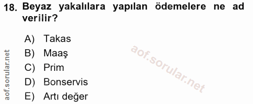 18. soru: Beyaz yakalılara yapılan ödemelere ne ad verilir? A) Takas B) Maaș C) Prim D) Bonservis aof. E) Artı değer