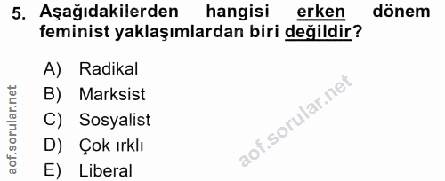 5. soru: Aşağıdakilerden hangisi erken dönem feminist yaklaşımlardan biri değildir? A) Radikal B) Marksist C) Sosyalist D) Çok…