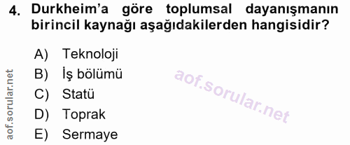 4. soru: Durkheim'a göre toplumsal dayanışmanın birincil kaynağı aşağıdakilerden hangisidir? A) Teknoloji B) İş bölümü C) Stat…