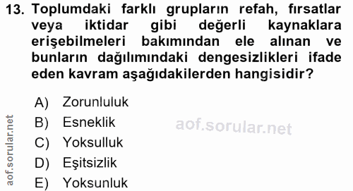 13. soru: Toplumdaki farklı grupların refah, fırsatlar veya iktidar gibi değerli kaynaklara erişebilmeleri bakımından ele alına…