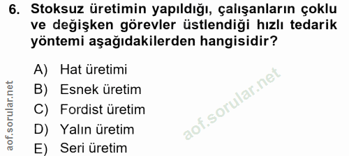 6. soru: Stoksuz üretimin yapıldığı, çalışanların çoklu ve değişken görevler üstlendiği hızlı tedarik yöntemi aşağıdakilerden…