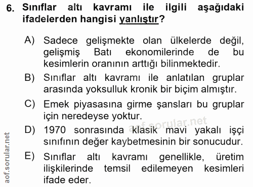 6. soru: Sınıflar altı kavramı ile ilgili aşağıdaki ifadelerden hangisi yanlıştır? A) Sadece gelişmekte olan ülkelerde değil,…