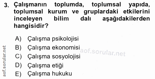 3. soru: Çalışmanın toplumda, toplumsal yapıda, toplumsal kurum ve gruplardaki etkilerini inceleyen bilim dalı aşağıdakilerden…