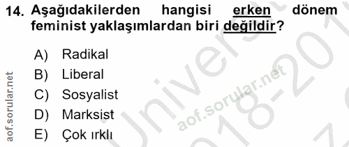14. soru: Aşağıdakilerden hangisi erken dönem feminist yaklaşımlardan biri değildir? A) Radikal B) Liberal C) Sosyalist aof.sor…