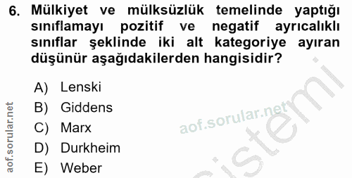 6. soru: Mülkiyet ve mülksüzlük temelinde yaptığı sınıflamayı pozitif ve negatif ayrıcalıklı sınıflar şeklinde iki alt kategor…