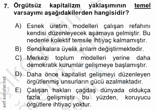 7. soru: Örgütsüz kapitalizm yaklaşımının temel varsayımı aşağıdakilerden hangisidir? A) Esnek üretim modelleri çalışan refahı…