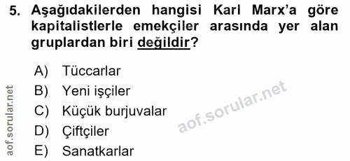 5. soru: Aşağıdakilerden hangisi Karl Marx'a göre kapitalistlerle emekçiler arasında yer alan gruplardan biri değildir? A) Tüc…