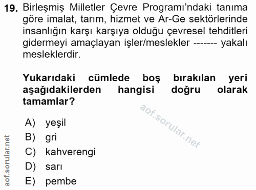 19. soru: Birleşmiş Milletler Çevre Programı'ndaki tanıma göre imalat, tarım, hizmet ve Ar-Ge sektörlerinde insanlığın karşı ka…