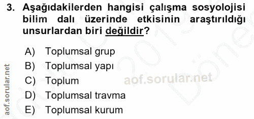 3. soru: Aşağıdakilerden hangisi çalışma sosyolojisi bilim dalı üzerinde etkisinin araştırıldığı unsurlardan biri değildir? A)…