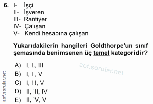 6. soru: I- Işçi II- İşveren IlI- Rantiyer IV- Çalışan V- Kendi hesabına çalışan Yukarıdakilerin hangileri Goldthorpe'un sınıf…