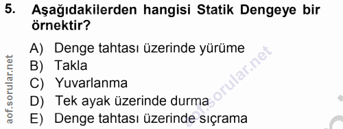 5. soru: Aşağıdakilerden hangisi Statik Dengeye bir örnektir? A) Denge tahtası üzerinde yürüme B) Takla C) Yuvarlanma D) Tek a…