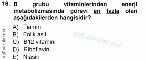 16. soru: B grubu vitaminlerinden enerji metabolizmasında görevi en fazla olan aşağıdakilerden hangisidir? A) Tiamin B) Folik a…