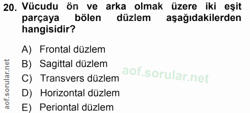 20. soru: Vücudu ön ve arka olmak üzere iki eşit parçaya bölen düzlem aşağıdakilerden hangisidir? A) Frontal düzlem B) Sagittal…