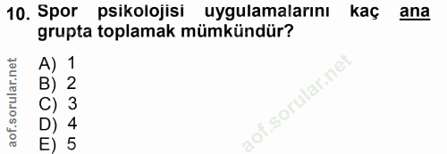 10. soru: Spor psikolojisi uygulamalarını kaç ana grupta toplamak mümkündür? A) 1 B) 2 C) 3 D) 4 E) 5