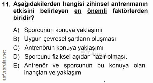 11. soru: Aşağıdakilerden hangisi zihinsel antrenmanın etkisini belirleyen en önemli faktörlerden biridir? A) Sporcunun konuya…