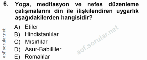 6. soru: Yoga, meditasyon ve nefes düzenleme çalışmalarını din ile ilişkilendiren uygarlık aşağıdakilerden hangisidir? A) Etil…