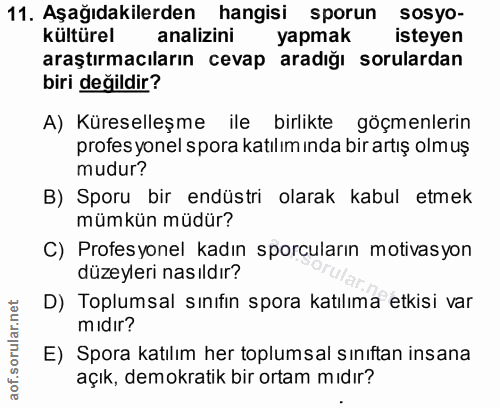 11. soru: Aşağıdakilerden hangisi sporun sosyo- kültürel analizini yapmak isteyen araştırmacıların cevap aradığı sorulardan bir…