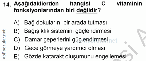 14. soru: Aşağıdakilerden hangisı C vitaminin fonksiyonlarından biri değildir? A) Bağ dokularını bir arada tutması B) Bağışıklı…