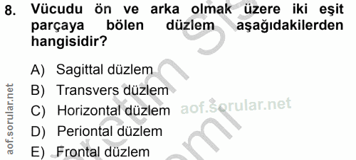 8. soru: Vücudu ön ve arka olmak •üzere iki eşit parçaya bölen düzlem aşağıdakilerden hangisidir? A) Sagittal düzlem B) Transv…