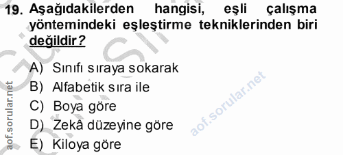 19. soru: Aşağıdakilerden hangisi, eşli çalışma yöntemindeki eşleştirme tekniklerinden biri değildir? A) Sınıfi sıraya sokarak…