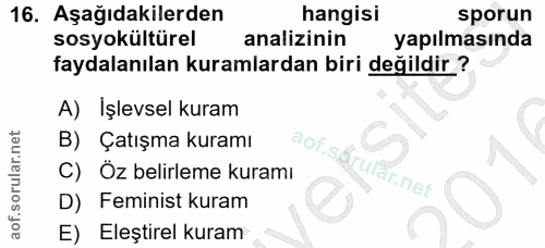 16. soru: Aşağıdakilerden hangisi sporun sosyokültürel analizinin yapılmasında faydalanılan kuramlardan biri değildir ? A) İşle…