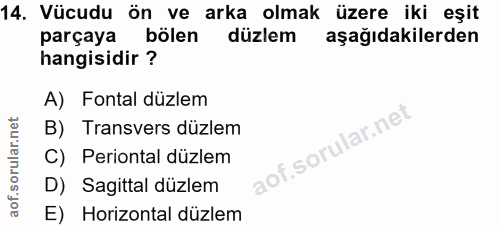 14. soru: Vücudu ön ve arka olmak üzere iki eşit parçaya bölen düzlem aşağıdakilerden hangisidir ? A) Fontal düzlem B) Transver…