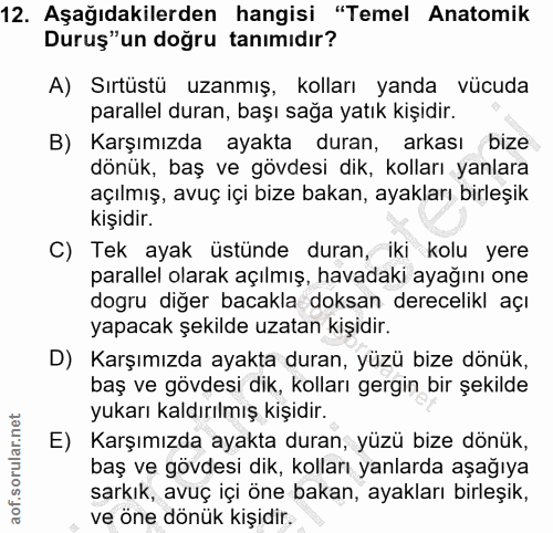 12. soru: Aşağıdakilerden hangisi "Temel Anatomik Duruş" un doğru tanımıdır? A) Sırtüstü uzanmış, kolları yanda vücuda parallel…
