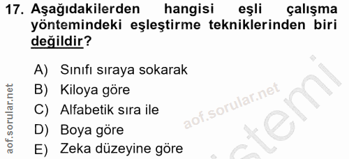 17. soru: Aşağıdakilerden hangisi eşli çalışma yöntemindeki eşleştirme tekniklerinden biri değildir? A) Sınıfi sıraya sokarak B…