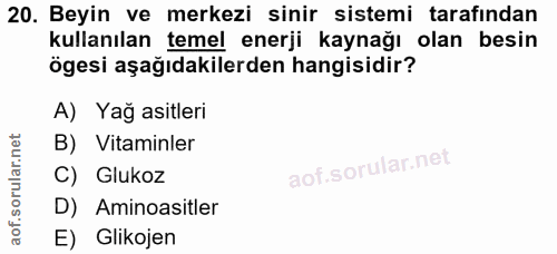 20. soru: Beyin ve merkezi sinir sistemi tarafından kullanılan temel enerji kaynağı olan besin ögesi aşağıdakilerden hangisidir…