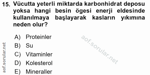 15. soru: Vücutta yeterli miktarda karbonhidrat deposu yoksa hangi besin ögesi enerji eldesinde kullanılmaya başlayarak kasları…