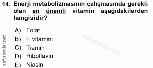 14. soru: Enerji metabolizmasının çalışmasında gerekli olan en önemli vitamin aşağıdakilerden hangisidir? A) Folat B) E vitamin…