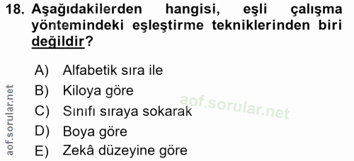 18. soru: Aşağıdakilerden hangisi, eşli çalışma yöntemindeki eşleştirme tekniklerinden biri değildir? A) Alfabetik sıra ile B)…