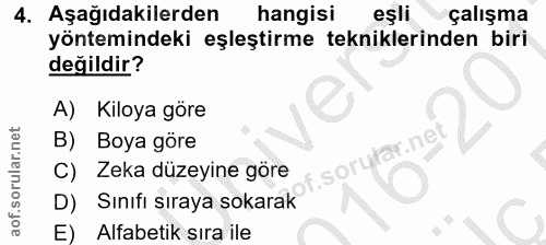 4. soru: Aşağıdakilerden hangisi eşli çalışma yöntemindeki eşleştirme tekniklerinden biri değildir? A) Kiloya göre B) Boya gör…