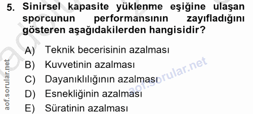 5. soru: Sinirsel kapasite yüklenme eşiğine ulaşan sporcunun performansının zayıfladığını gösteren aşağıdakilerden hangisidir?…