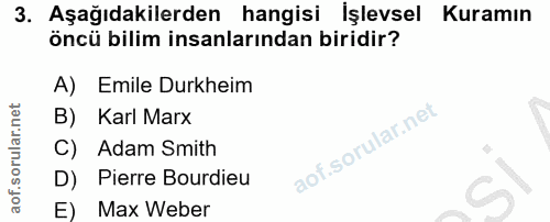 3. soru: Aşağıdakilerden hangisi İşlevsel Kuramın öncü bilim insanlarından biridir? A) Emile Durkheim B) Karl Marx C) Adam Smi…