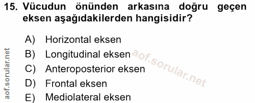 15. soru: Vücudun önünden arkasına doğru geçen eksen aşağıdakilerden hangisidir? A) Horizontal eksen B) Longitudinal eksen C) A…