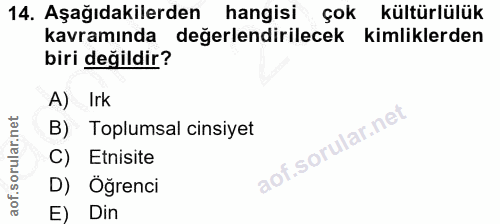 14. soru: Aşağıdakilerden hangisi çok kültürlülük kavramında değerlendirilecek kimliklerden biri değildir? A) Irk B) Toplumsal…