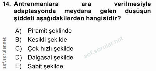 14. soru: Antrenmanlara ara verilmesiyle adaptasyonda meydana gelen düşüşün şiddeti aşağıdakilerden hangisidir? A) Piramit şekl…