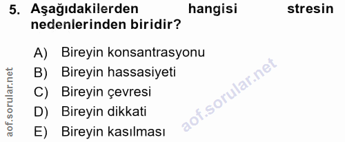 5. soru: Aşağıdakilerden hangisi stresin nedenlerinden biridir? A) Bireyin konsantrasyonu B) Bireyin hassasiyeti C) Bireyin çe…