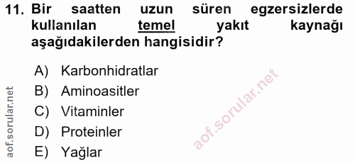 11. soru: Bir saatten uzun süren egzersizlerde kullanılan temel yakıt kaynağı aşağıdakilerden hangisidir? A) Karbonhidratlar B)…