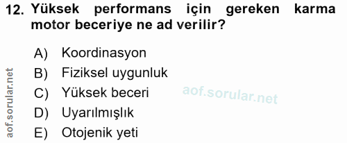 12. soru: Yüksek performans için gereken karma motor beceriye ne ad verilir? A) Koordinasyon B) Fiziksel uygunluk C) Yüksek bec…