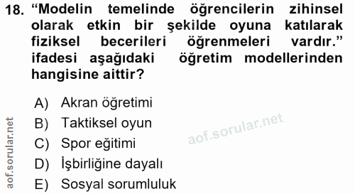 18. soru: "Modelin temelinde öğrencilerin zihinsel olarak etkin bir şekilde oyuna katılarak fiziksel becerileri öğrenmeleri var…