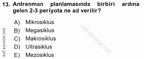 13. soru: Antrenman planlamasında birbiri ardına gelen 2-3 periyota ne ad verilir? A) Mikrosiklus B) Megasiklus C) Makrosiklus…