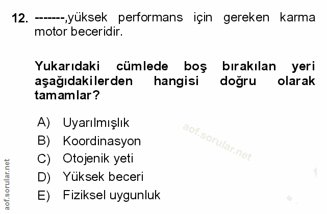 12. soru: ----,yüksek performans için gereken karma motor beceridir. Yukarıdaki cümlede boş bırakılan yeri aşağıdakilerden hang…