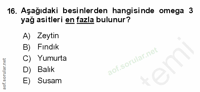 16. soru: Aşağıdaki besinlerden hangisinde omega 3 yağ asitleri en fazla bulunur? A) Zeytin B) Fındık C) Yumurta D) Balık E) Susam